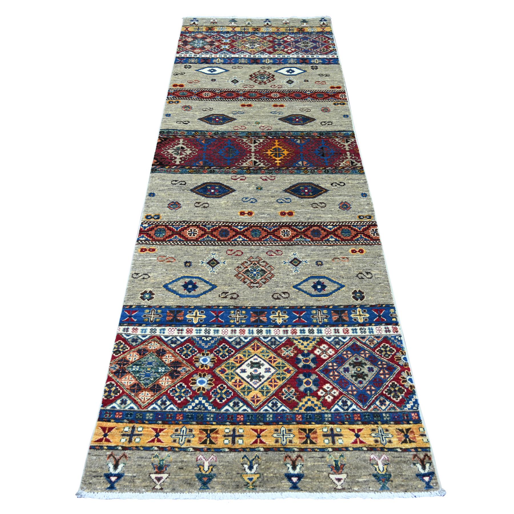 Stone Gray, Afghan Super Kazak with Khorjin Design, Hand Knotted, Pure Wool, Vegetable Dyes, Runner, Oriental Rug